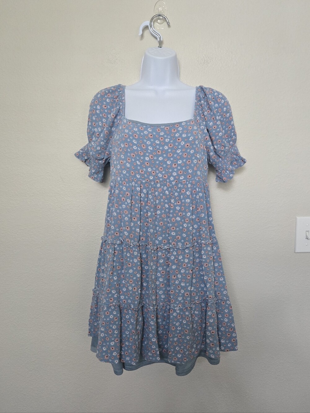 Altar'd State Daisies Floral Puff Sleeves Babydoll Mini Dress Size Small
